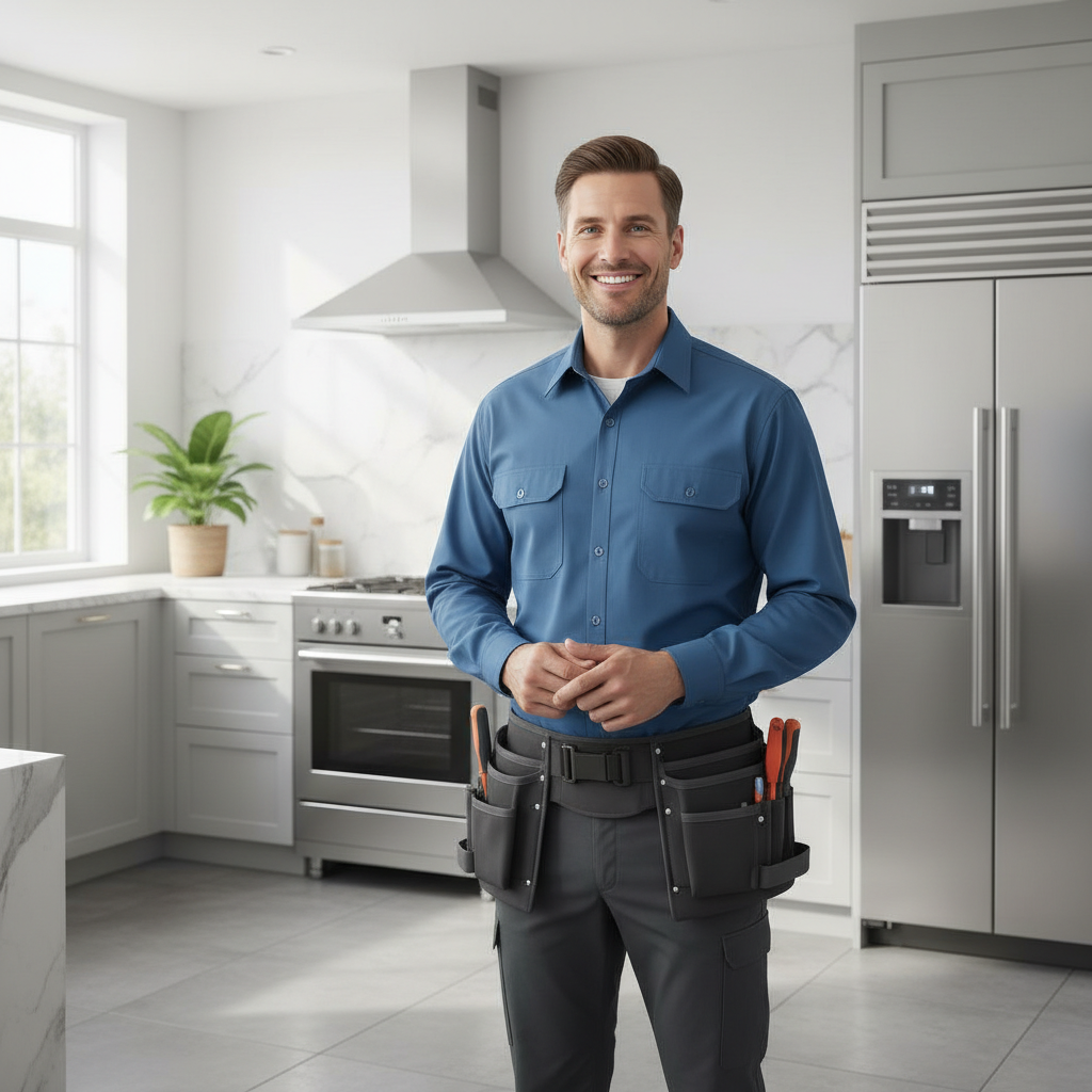 Smiling appliance repair technician in a modern kitchen