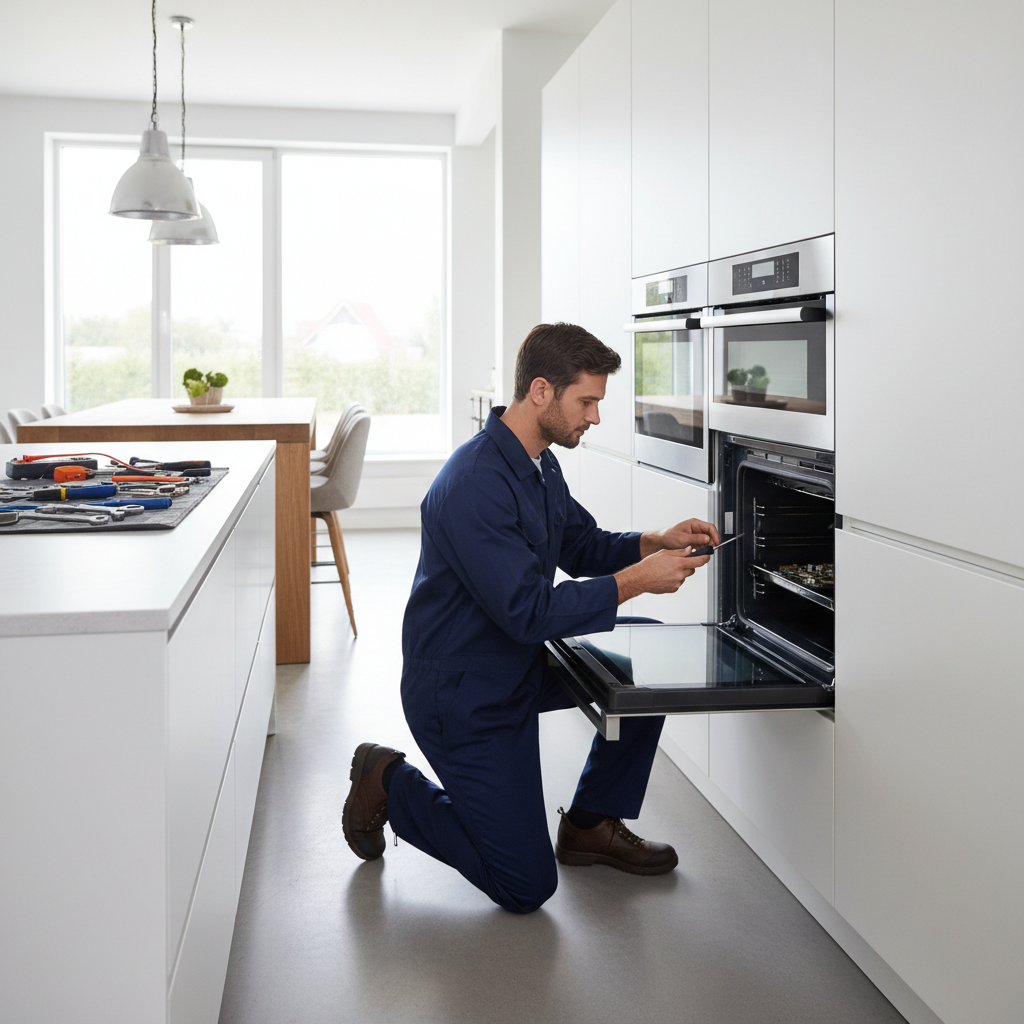 Technician repairing built-in Bosch oven